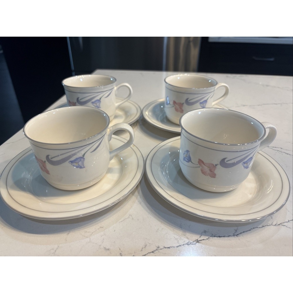 4‎ Each Lenox ~ Glories On Grey ~ For The Grey ~ Cup 2 3/4" & Saucer 6 1/4" Set